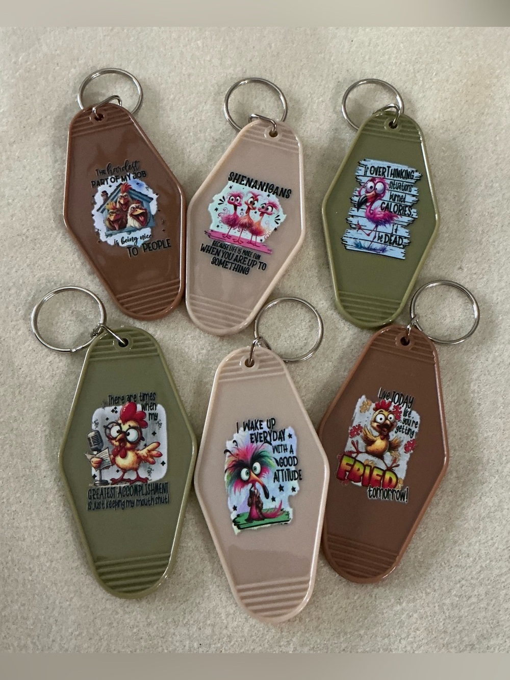 Novelty Keychain Set - Brown, Olive & Cream set of 6